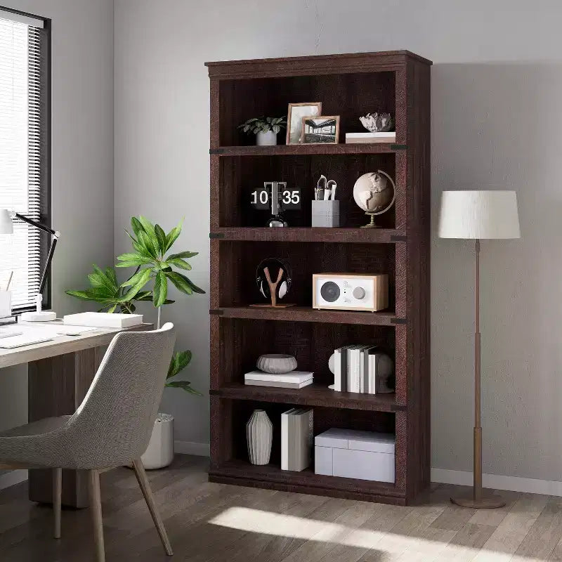 5-Tier Farmhouse Bookcase, Tall Wooden Open Shelf for Living Room & Home Office