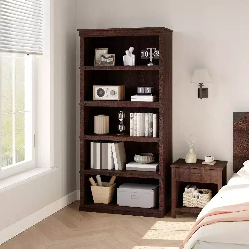 5-Tier Farmhouse Bookcase, Tall Wooden Open Shelf for Living Room & Home Office