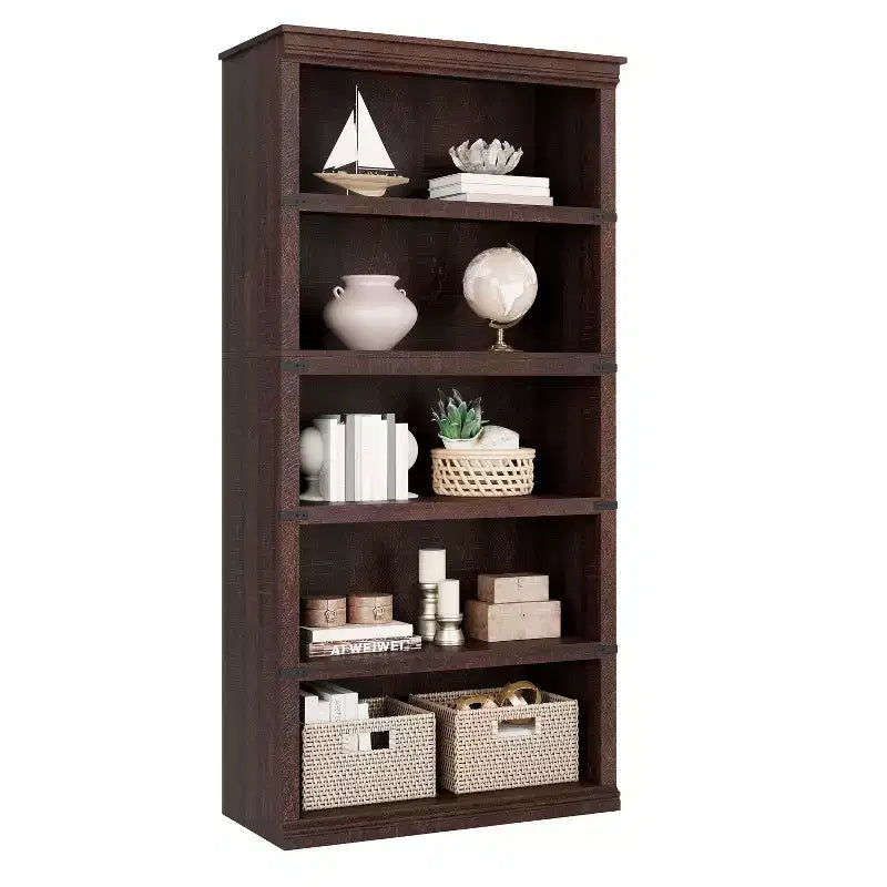 5-Tier Farmhouse Bookcase, Tall Wooden Open Shelf for Living Room & Home Office
