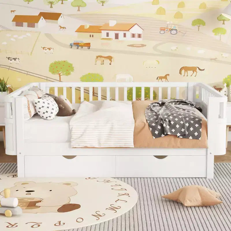Modern Wood Kids Platform Bed with Safety Rails and Storage Drawers