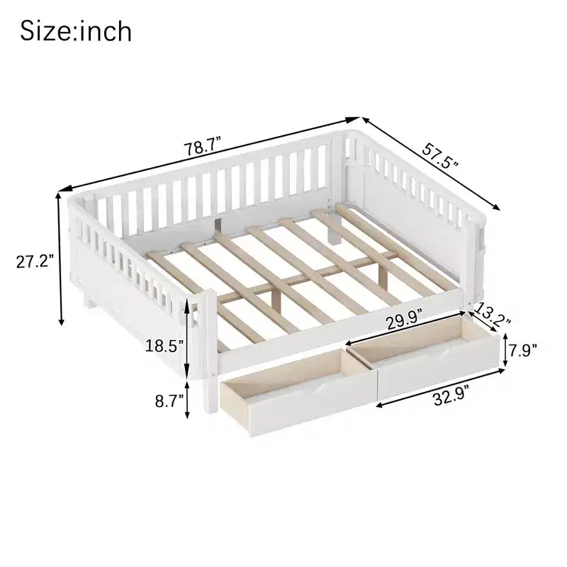 Modern Wood Kids Platform Bed with Safety Rails and Storage Drawers