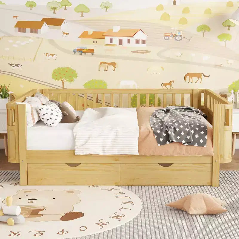 Modern Wood Kids Platform Bed with Safety Rails and Storage Drawers
