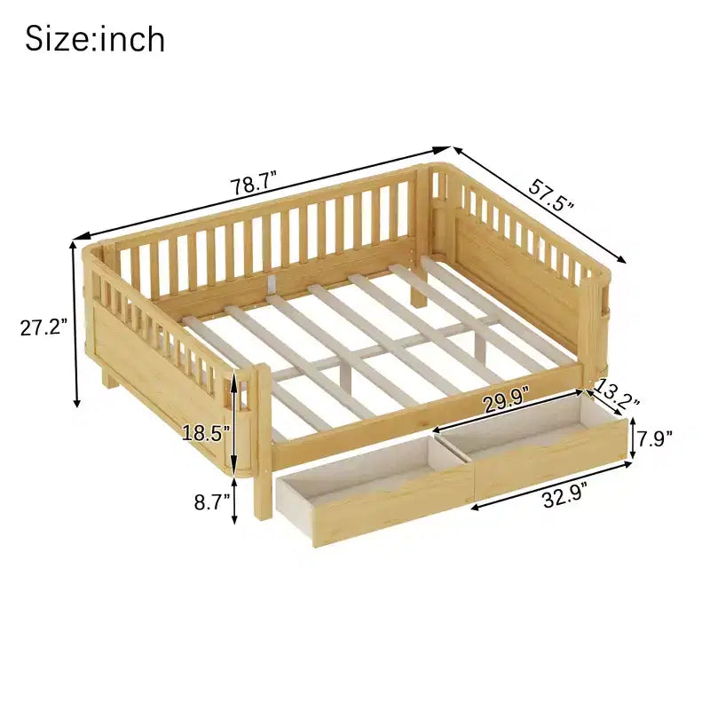Modern Wood Kids Platform Bed with Safety Rails and Storage Drawers