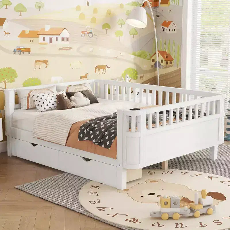 Modern Wood Kids Platform Bed with Safety Rails and Storage Drawers