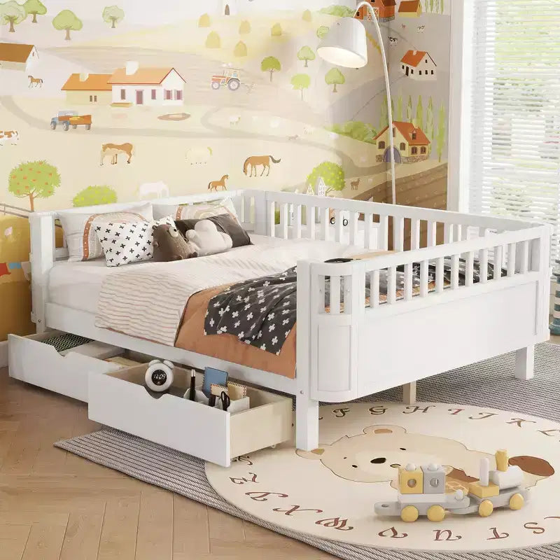 Modern Wood Kids Platform Bed with Safety Rails and Storage Drawers