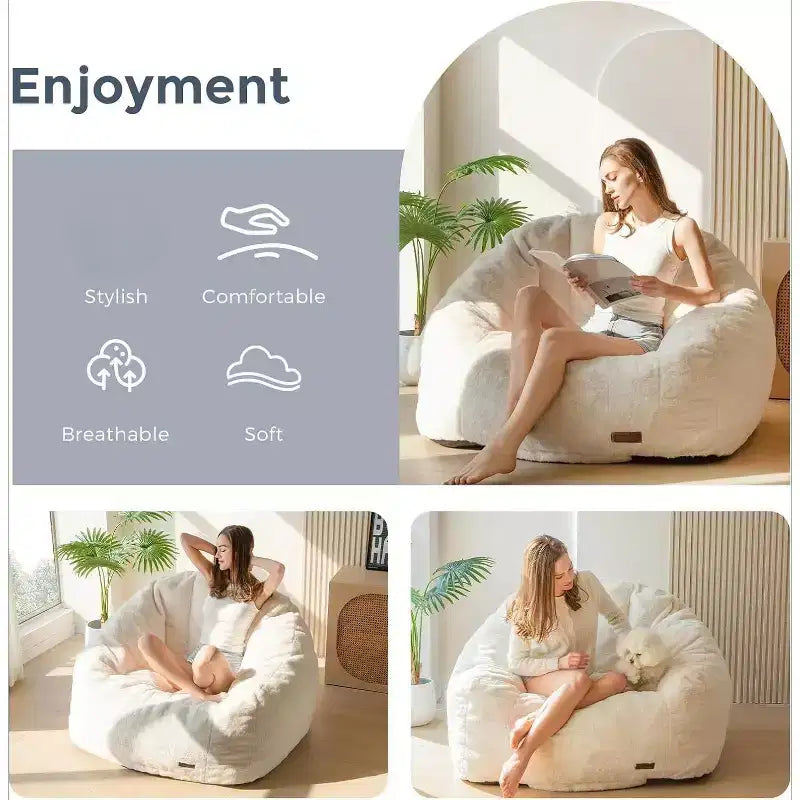 Giant Shell-Shaped Bean Bag Chair, Oversized Faux Fur Couch for Adults & Kids with Filler, Beige