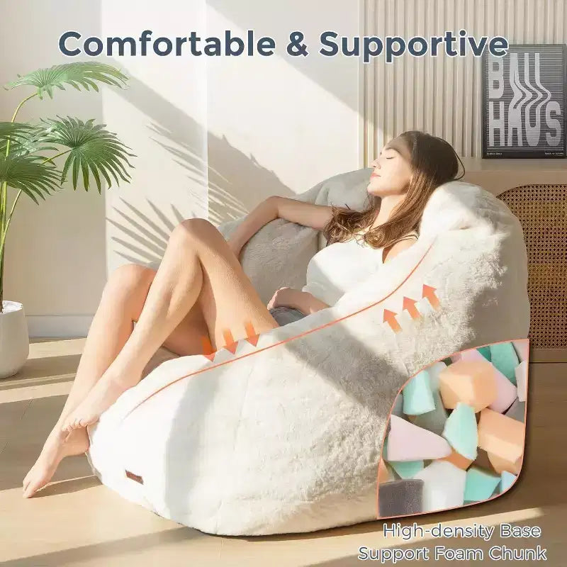 Giant Shell-Shaped Bean Bag Chair, Oversized Faux Fur Couch for Adults & Kids with Filler, Beige