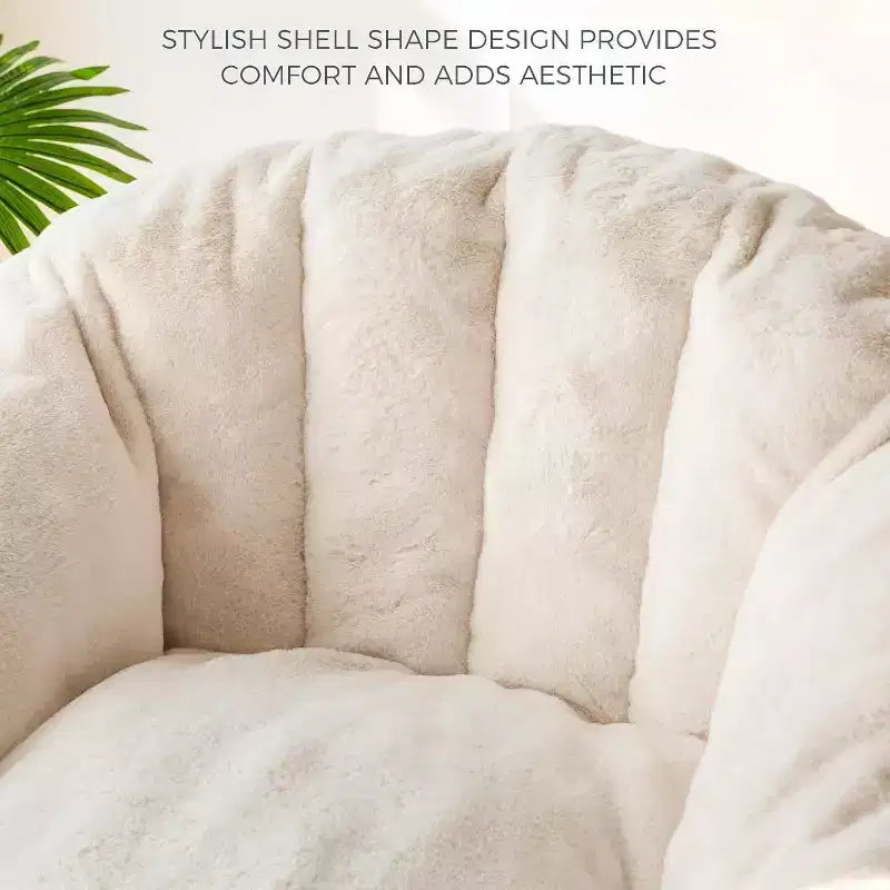 Giant Shell-Shaped Bean Bag Chair, Oversized Faux Fur Couch for Adults & Kids with Filler, Beige