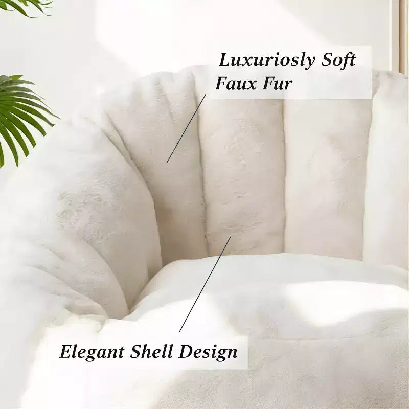 Giant Shell-Shaped Bean Bag Chair, Oversized Faux Fur Couch for Adults & Kids with Filler, Beige