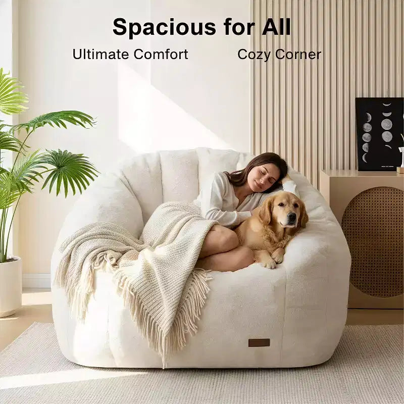 Giant Shell-Shaped Bean Bag Chair, Oversized Faux Fur Couch for Adults & Kids with Filler, Beige