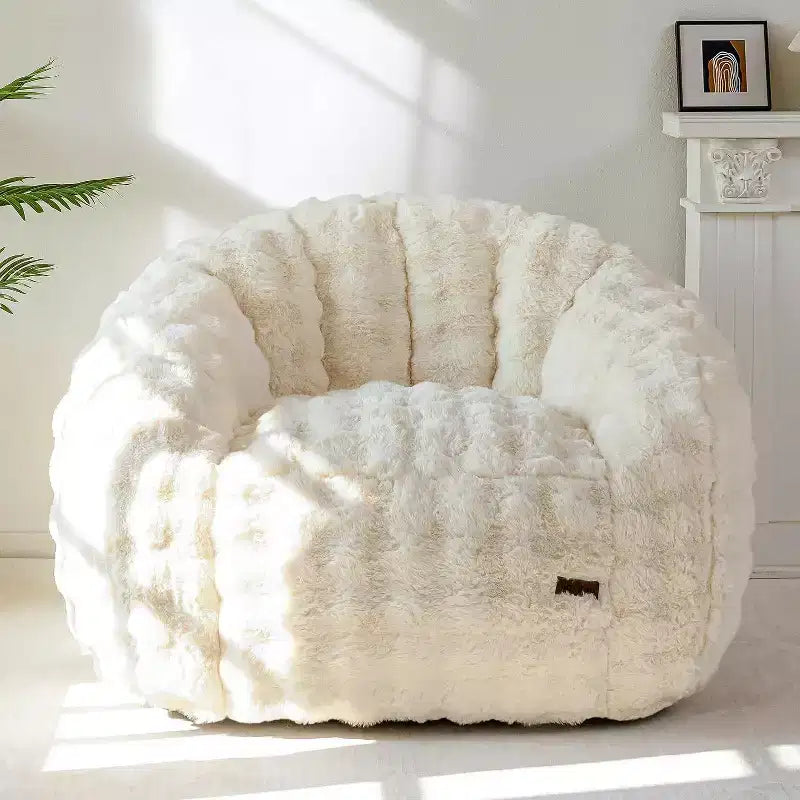 Giant Shell-Shaped Bean Bag Chair, Oversized Faux Fur Couch for Adults & Kids with Filler, Beige