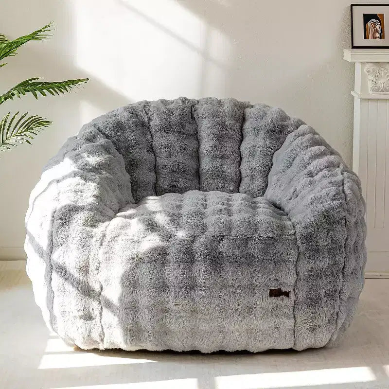 Giant Shell-Shaped Bean Bag Chair, Oversized Faux Fur Couch for Adults & Kids with Filler, Beige