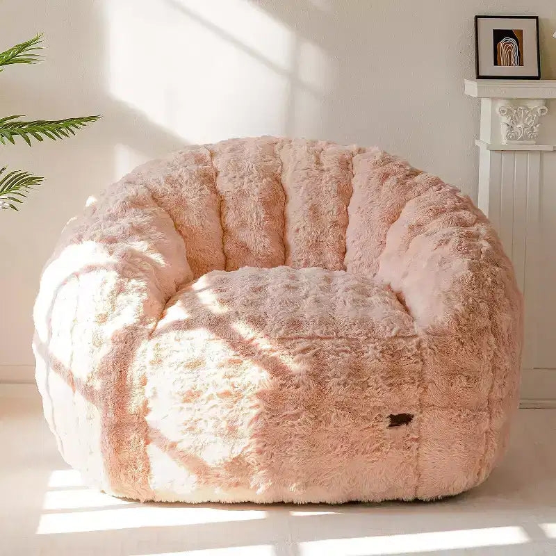 Giant Shell-Shaped Bean Bag Chair, Oversized Faux Fur Couch for Adults & Kids with Filler, Beige