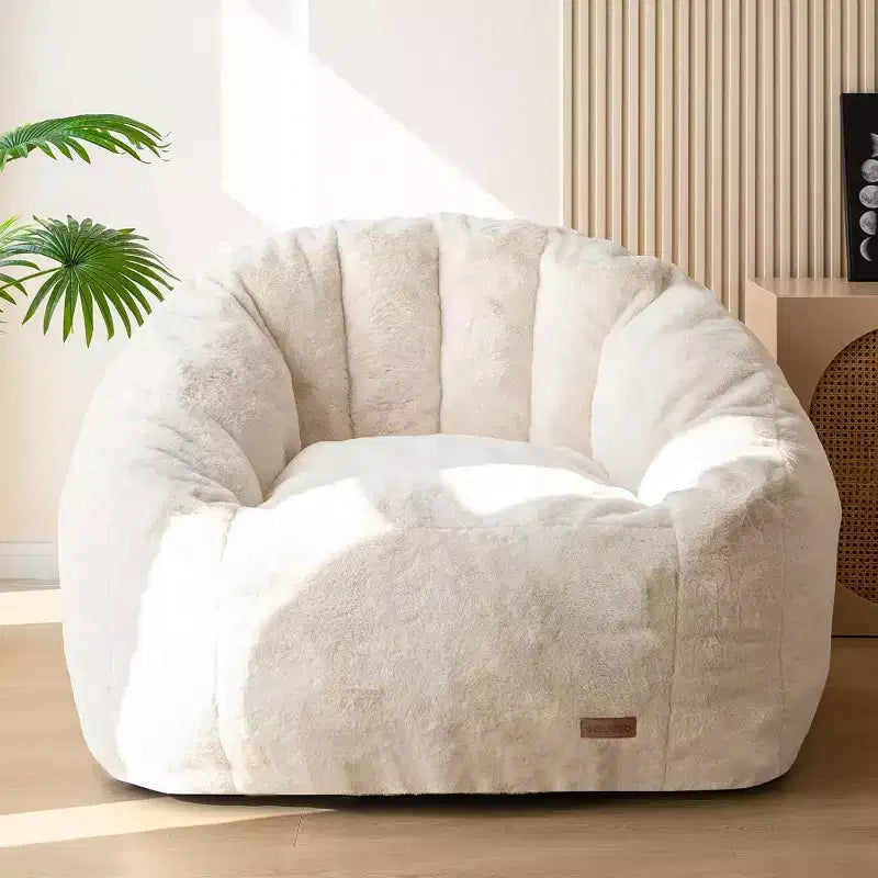 Giant Shell-Shaped Bean Bag Chair, Oversized Faux Fur Couch for Adults & Kids with Filler, Beige