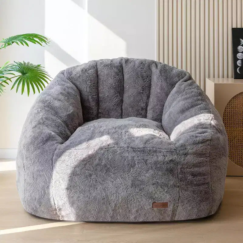 Giant Shell-Shaped Bean Bag Chair, Oversized Faux Fur Couch for Adults & Kids with Filler, Beige