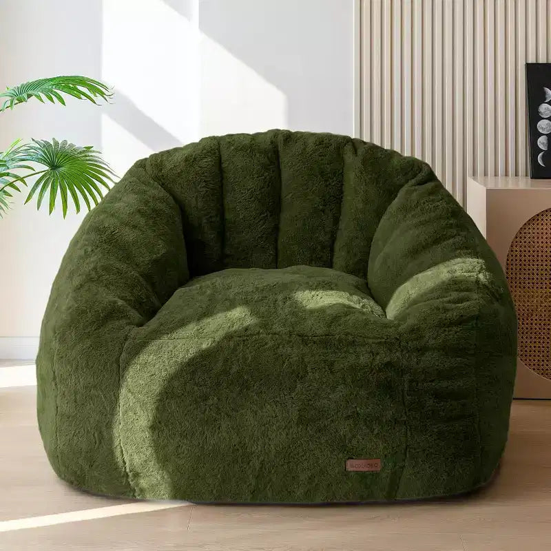 Giant Shell-Shaped Bean Bag Chair, Oversized Faux Fur Couch for Adults & Kids with Filler, Beige