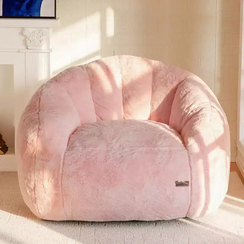 Giant Shell-Shaped Bean Bag Chair, Oversized Faux Fur Couch for Adults & Kids with Filler, Beige