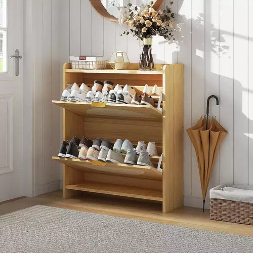 2 Flip-Drawer Shoe Storage Cabinet - Free Standing Narrow Organizer with Rattan Doors for Entryway & Hallway, Natural wood color