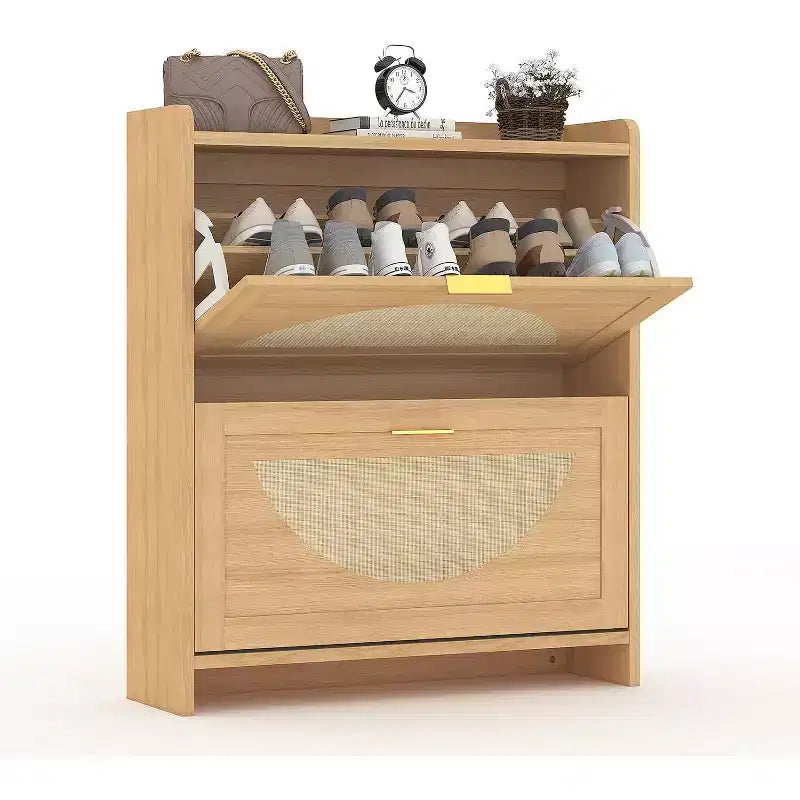2 Flip-Drawer Shoe Storage Cabinet - Free Standing Narrow Organizer with Rattan Doors for Entryway & Hallway, Natural wood color