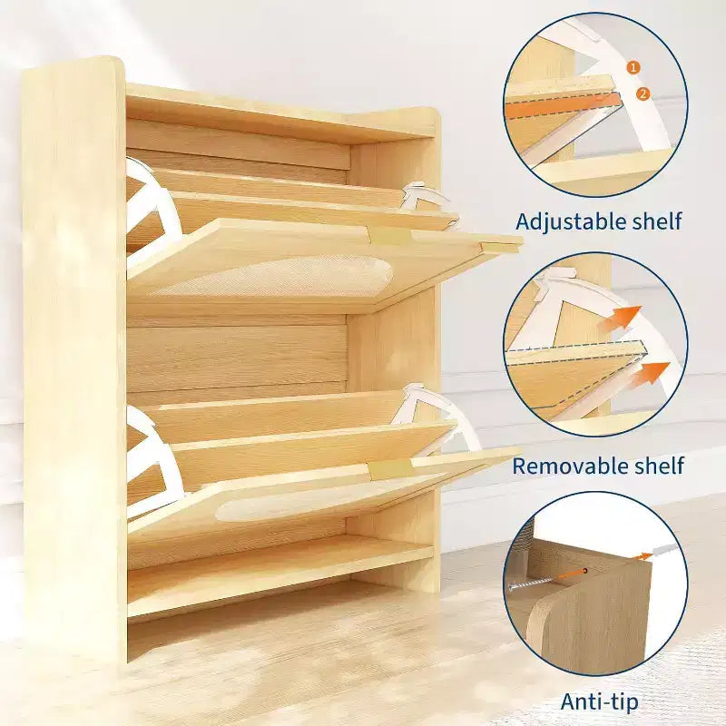 2 Flip-Drawer Shoe Storage Cabinet - Free Standing Narrow Organizer with Rattan Doors for Entryway & Hallway, Natural wood color