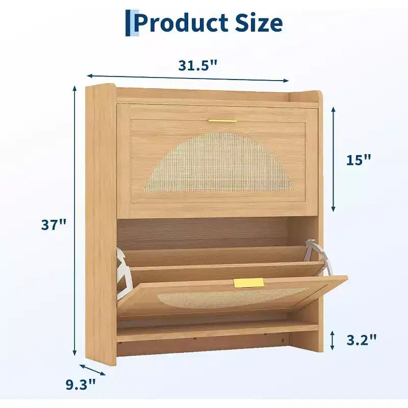 2 Flip-Drawer Shoe Storage Cabinet - Free Standing Narrow Organizer with Rattan Doors for Entryway & Hallway, Natural wood color