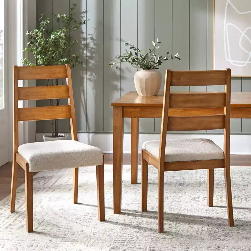 Set of 2 Farmhouse Ladder Back Dining Chairs, Off White/Antique Oak, Rubberwood