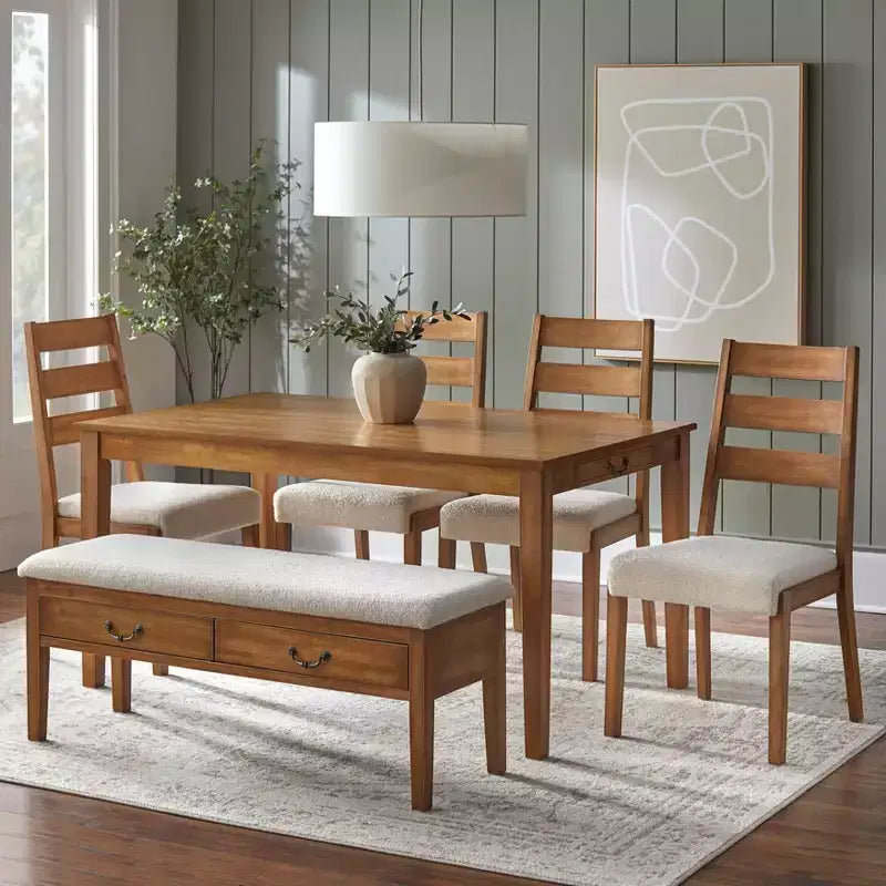 Set of 2 Farmhouse Ladder Back Dining Chairs, Off White/Antique Oak, Rubberwood