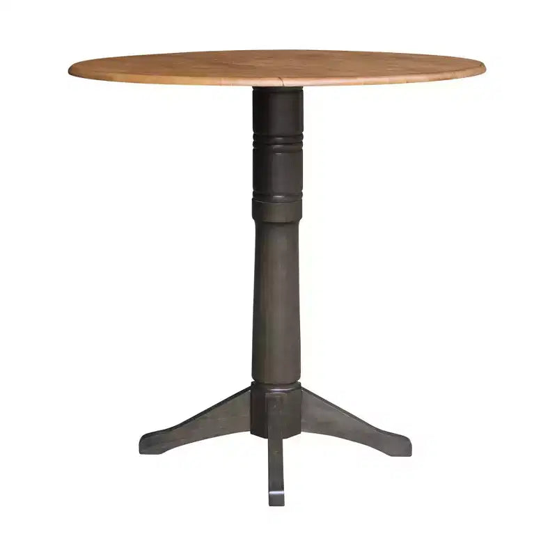 42" Round Drop Leaf Bar Height Pedestal Dining Table, Hickory/Washed Coal, Seats 4
