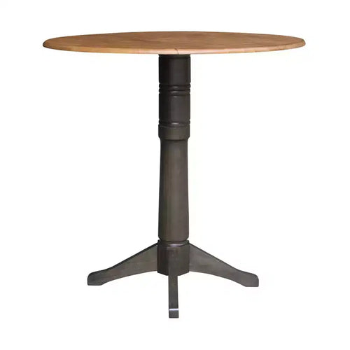 42" Round Drop Leaf Bar Height Pedestal Dining Table, Hickory/Washed Coal, Seats 4
