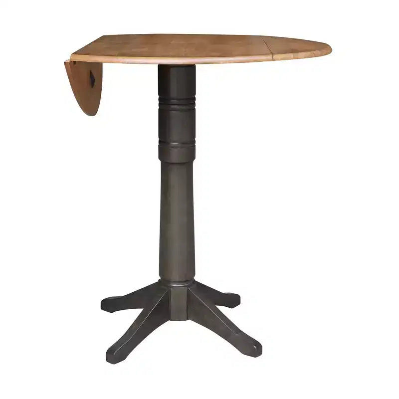 42" Round Drop Leaf Bar Height Pedestal Dining Table, Hickory/Washed Coal, Seats 4