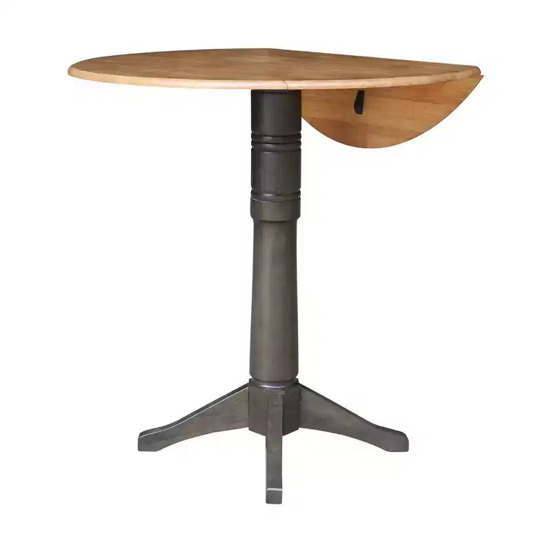 42" Round Drop Leaf Bar Height Pedestal Dining Table, Hickory/Washed Coal, Seats 4