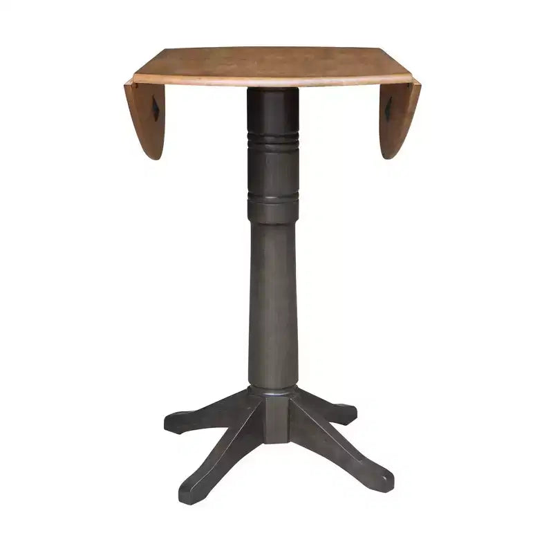 42" Round Drop Leaf Bar Height Pedestal Dining Table, Hickory/Washed Coal, Seats 4