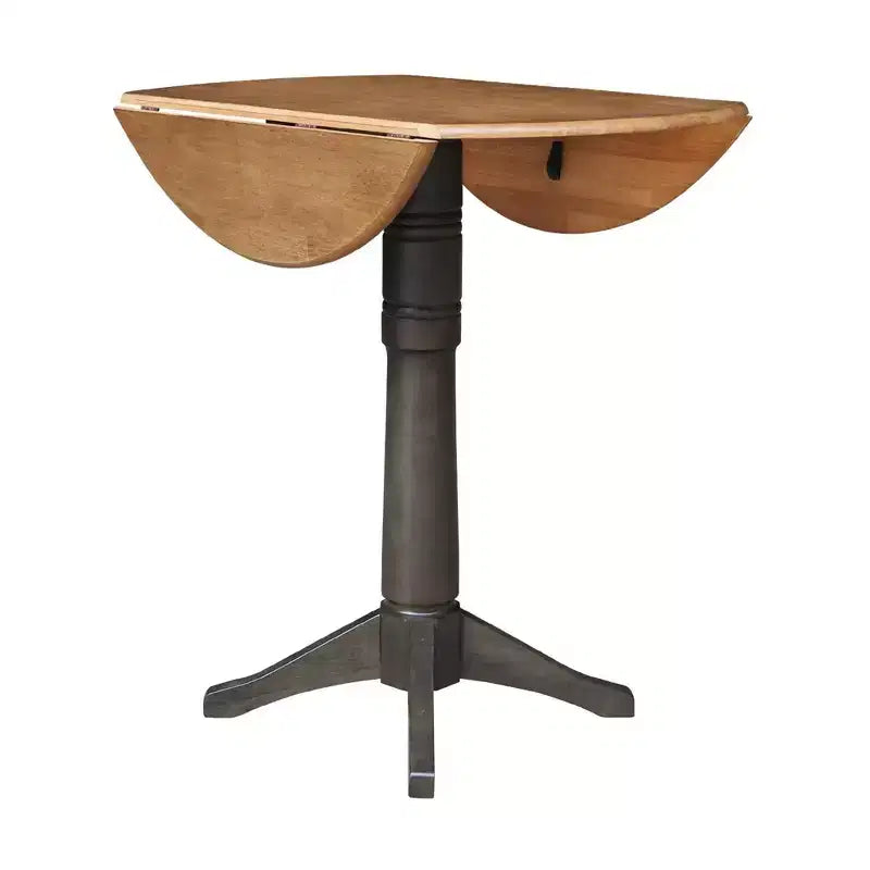 42" Round Drop Leaf Bar Height Pedestal Dining Table, Hickory/Washed Coal, Seats 4