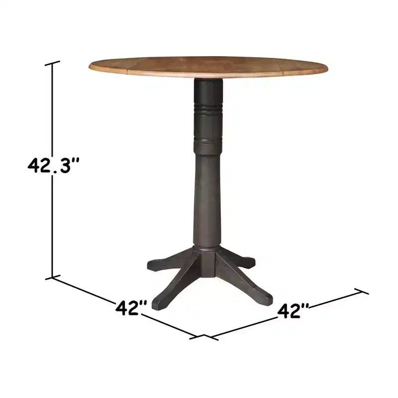 42" Round Drop Leaf Bar Height Pedestal Dining Table, Hickory/Washed Coal, Seats 4