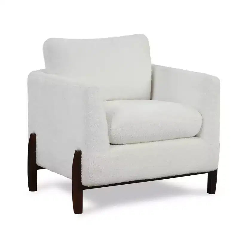 Mid-Century Upholstered Accent Chair, Cream High-Pile Fleece, Walnut Finish Legs