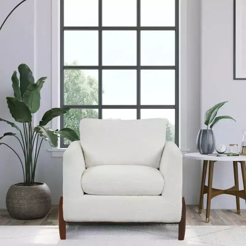 Mid-Century Upholstered Accent Chair, Cream High-Pile Fleece, Walnut Finish Legs