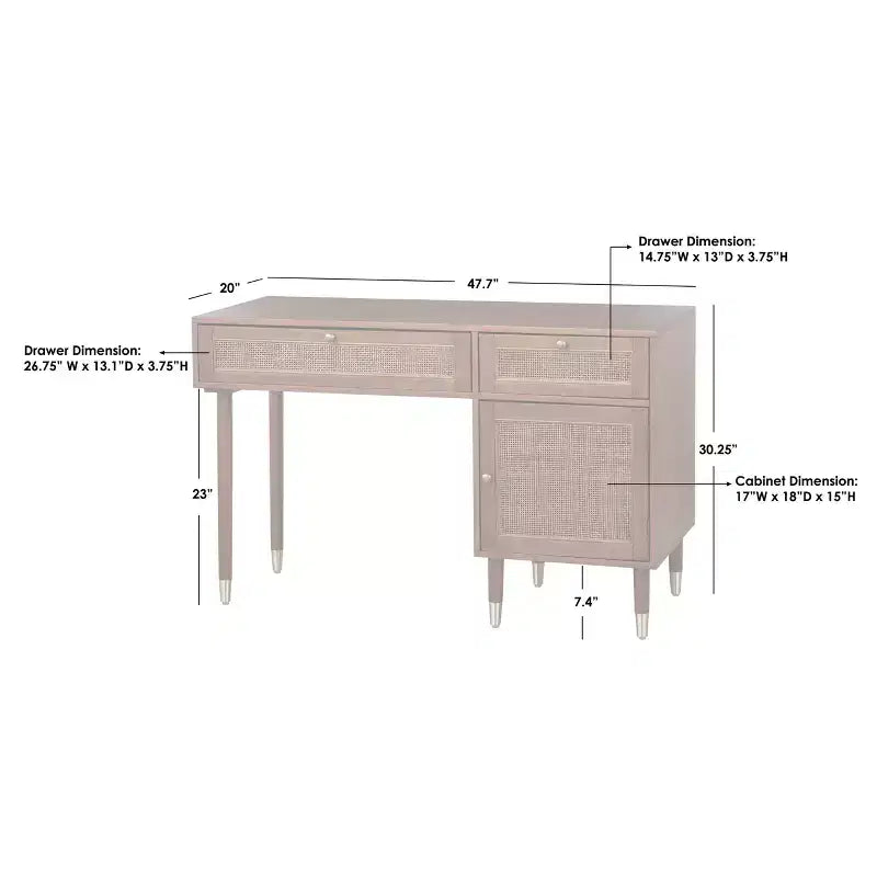 Mid-Century Walnut Desk with Faux Rattan Accents, 2 Drawers & Cabinet