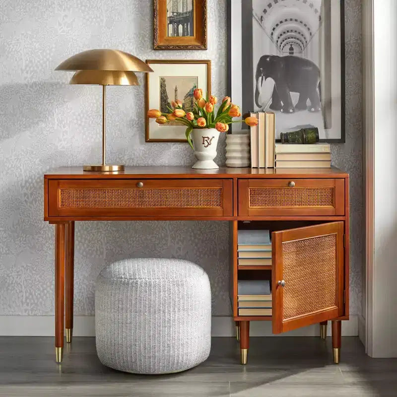 Mid-Century Walnut Desk with Faux Rattan Accents, 2 Drawers & Cabinet