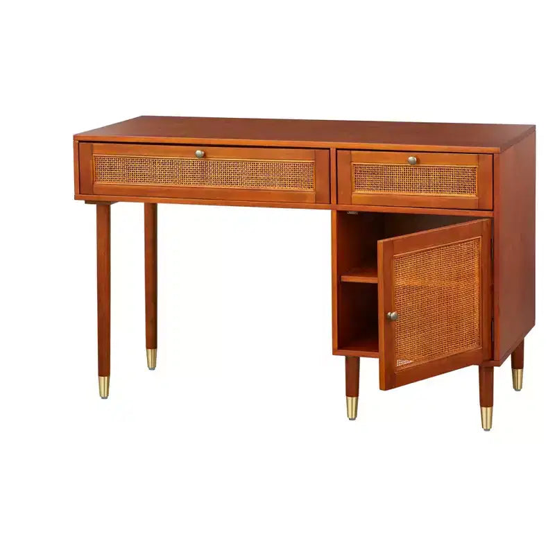 Mid-Century Walnut Desk with Faux Rattan Accents, 2 Drawers & Cabinet