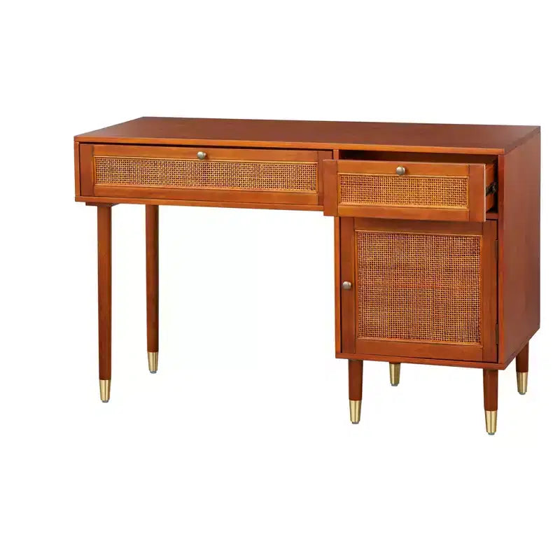 Mid-Century Walnut Desk with Faux Rattan Accents, 2 Drawers & Cabinet