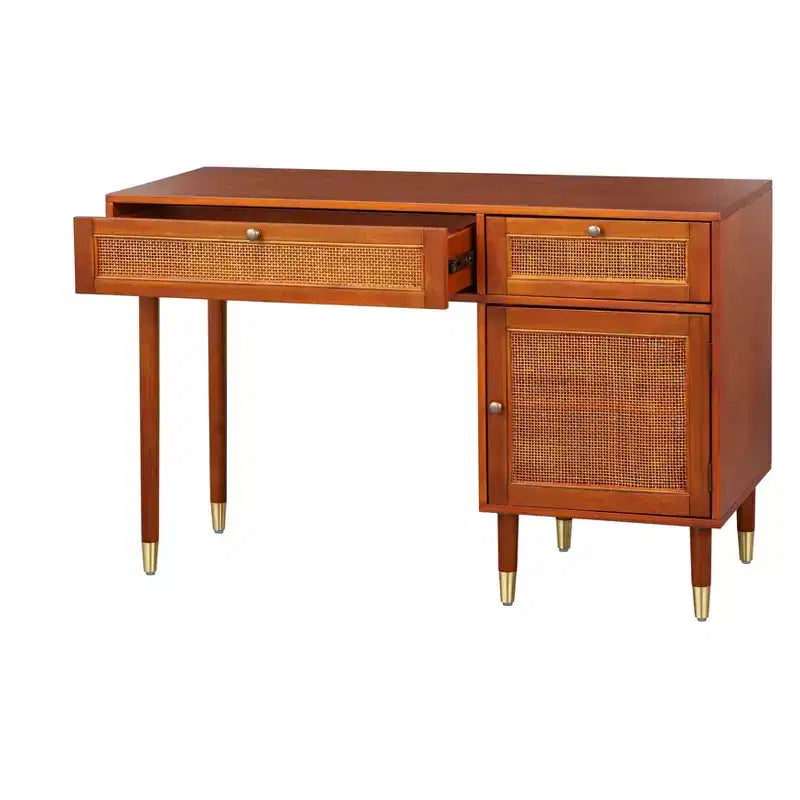 Mid-Century Walnut Desk with Faux Rattan Accents, 2 Drawers & Cabinet