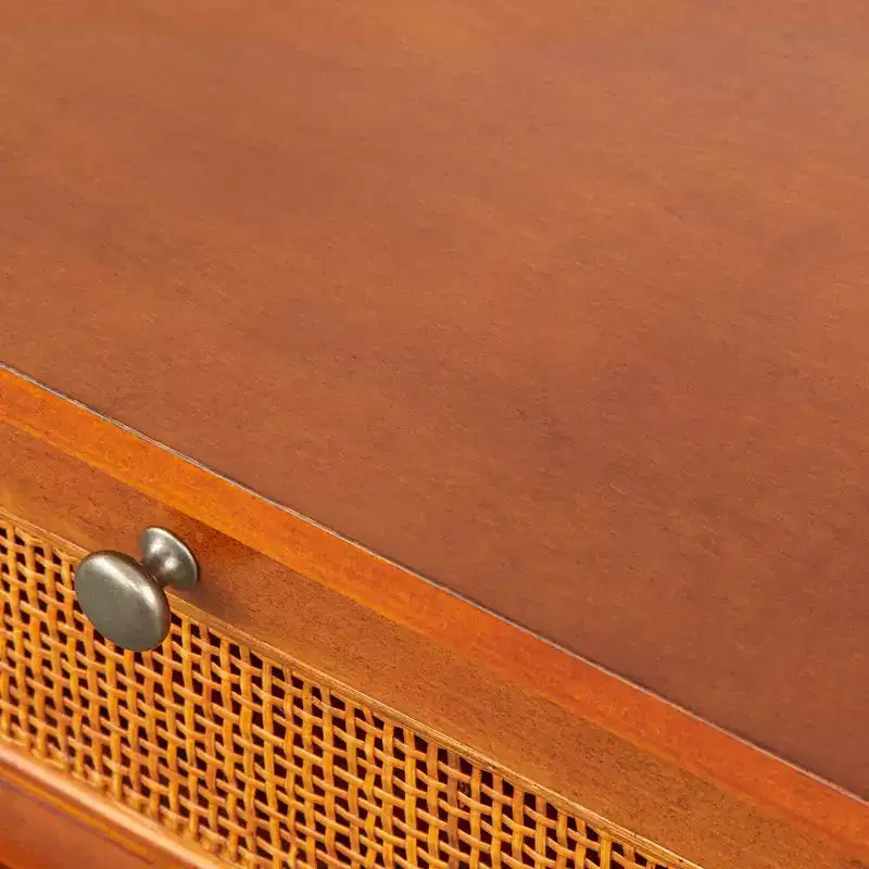 Mid-Century Walnut Desk with Faux Rattan Accents, 2 Drawers & Cabinet