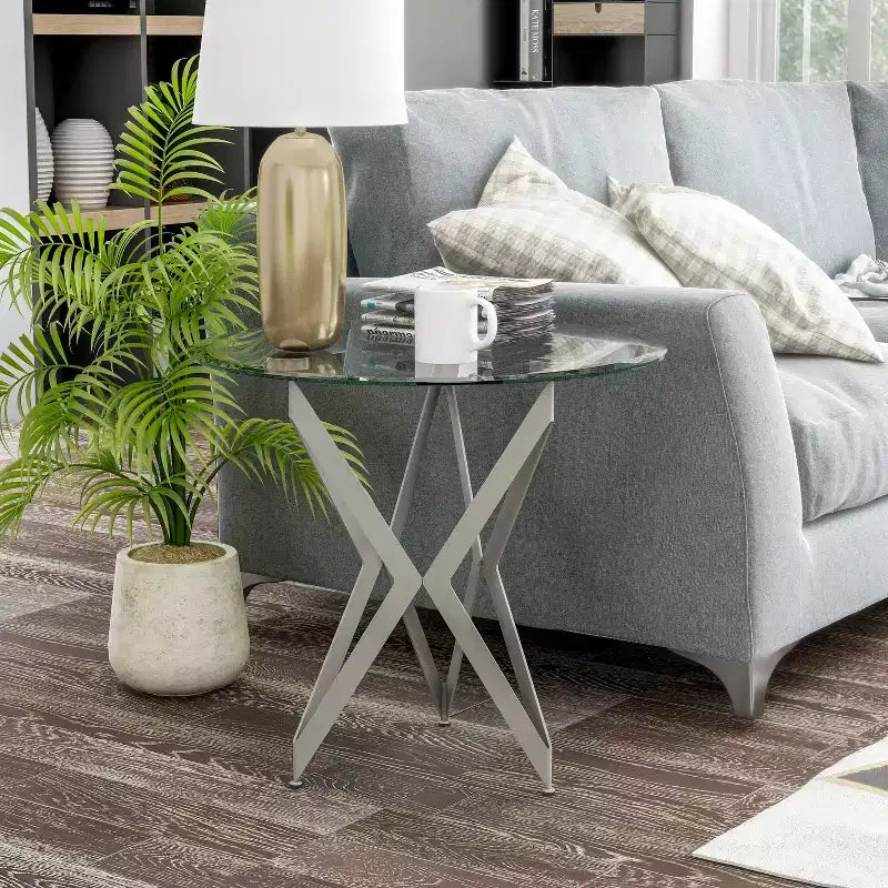 Round Tempered Glass Top End Table, Champagne Steel Frame, 22" High