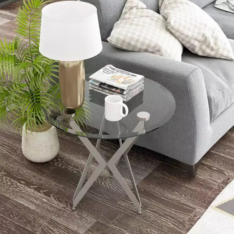 Round Tempered Glass Top End Table, Champagne Steel Frame, 22" High