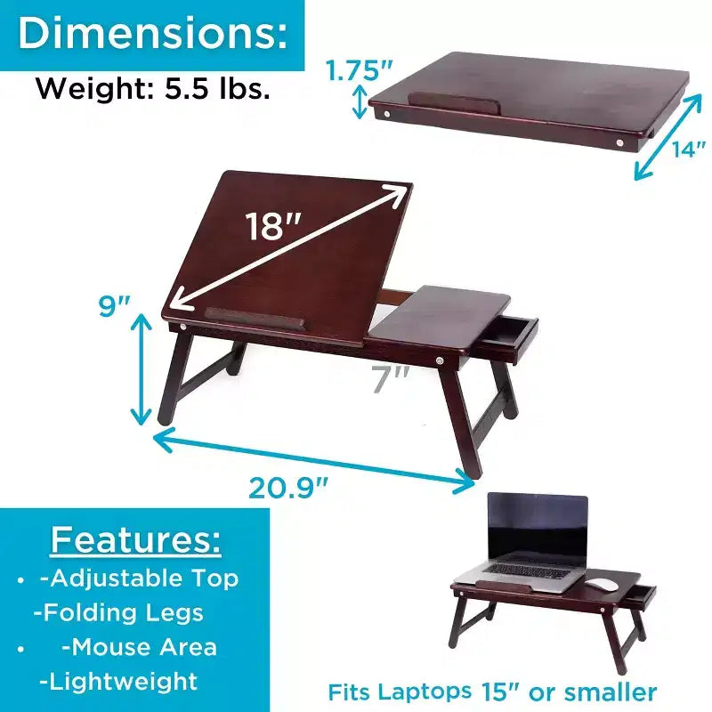 Bamboo Laptop Bed Lap Tray with Storage Drawer & Adjustable Tilt, Natural