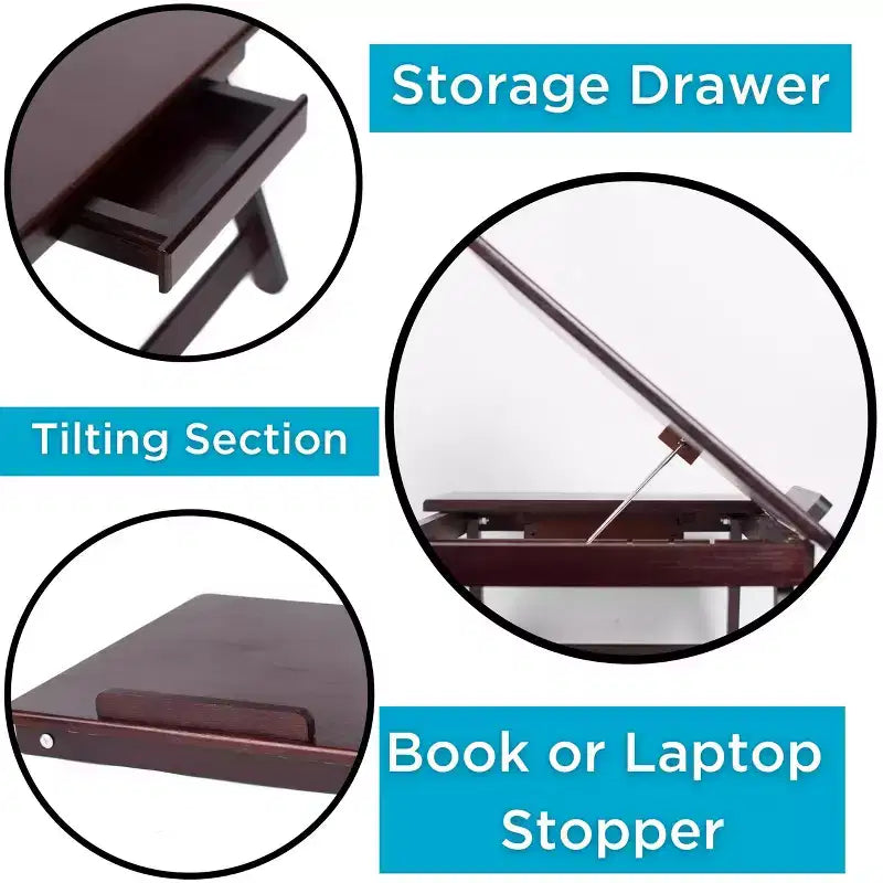 Bamboo Laptop Bed Lap Tray with Storage Drawer & Adjustable Tilt, Natural