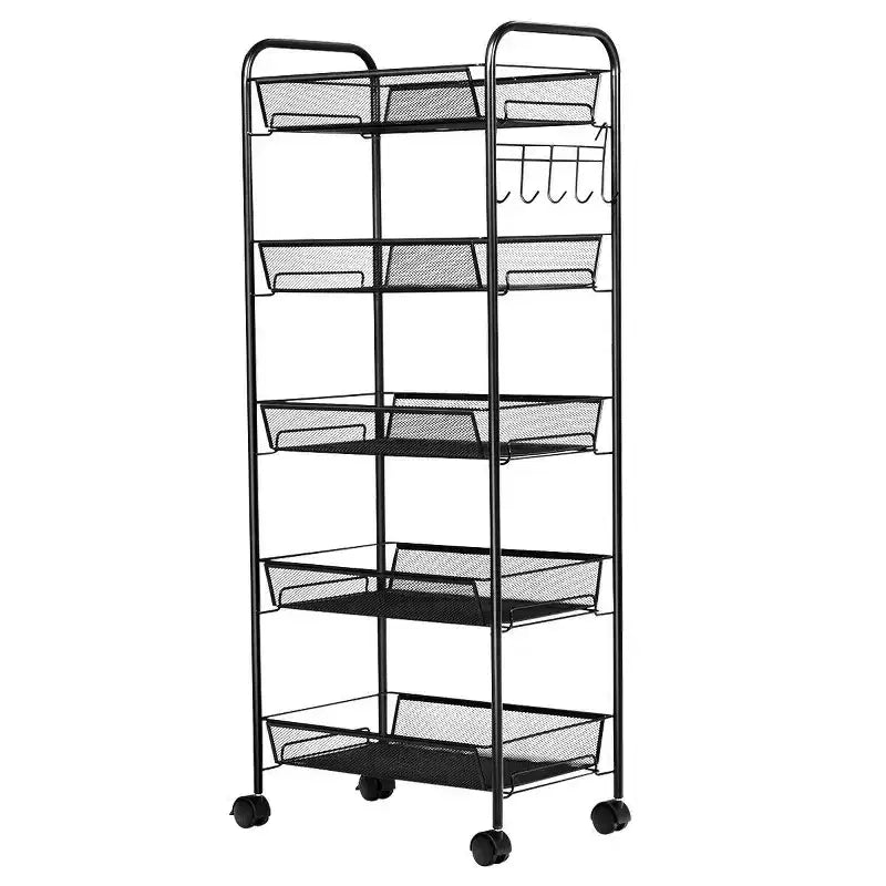 5-Tier Rolling Storage Rack Trolley Cart with Mesh Baskets, Black