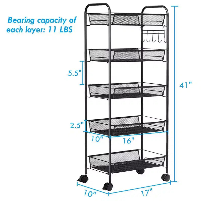 5-Tier Rolling Storage Rack Trolley Cart with Mesh Baskets, Black