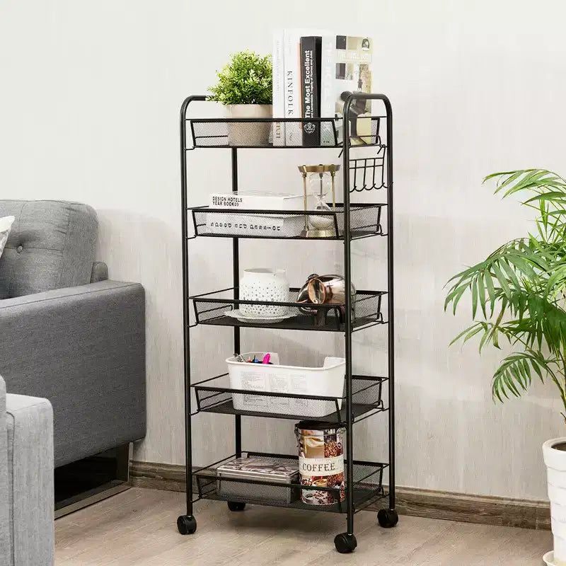 5-Tier Rolling Storage Rack Trolley Cart with Mesh Baskets, Black