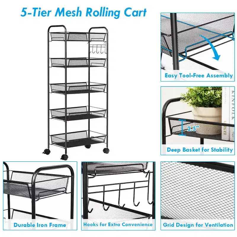 5-Tier Rolling Storage Rack Trolley Cart with Mesh Baskets, Black